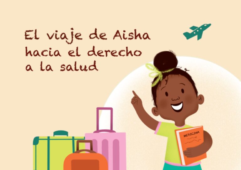 Portada del cuento del cuento El viaje de Aisha una niña con maletas.